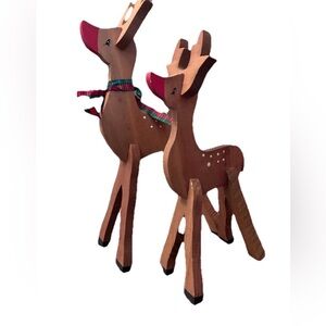 Vintage Wooden Christmas  Reindeer Decoration,  Pair with Red Noses